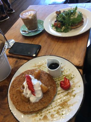 Pancakes + Avo Toast  at Heart and Soul Organic Chai Cafe in Cronulla