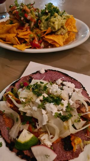 Nacho salad and sweet potatoe taco at Taqueria Muchachos in Rhodes