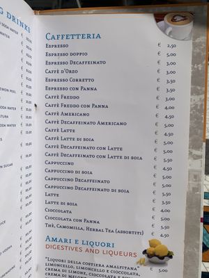 drinks menu at Caffè Positano in Positano