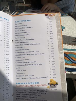 drinks menu at Caffè Positano in Positano