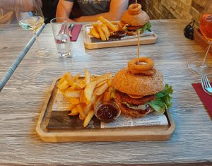 Burger with fries and bbq sauce at Gostisce Sovdat in Bovec