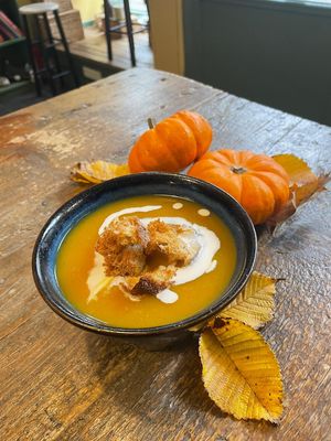 The perfect soup for an autumnal day. Spiced pumpkin with garlic and herb croutons, and oatley cream at Curran Geal in Edinburgh
