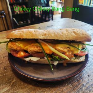 This week's sandwich special...the "Chikky Chikky Bang Bang". Seasoned and baked Chikky fillets with spicy and zingy Per Peri mayo, spring onion, melted cheddar and baby spinach. at Curran Geal in Edinburgh