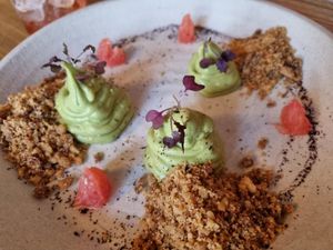 Matcha deconstructed cheesecake at KUSAKI in Brighton