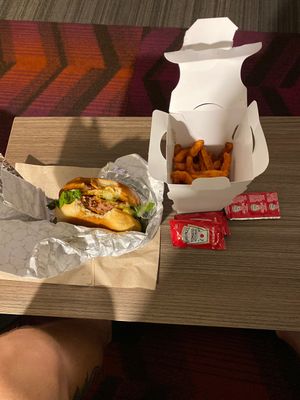 Beyond Chez burger and sweet potato fries   at Brick City Vegan in Newark