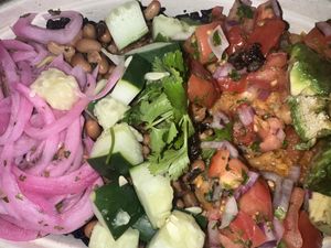 A bowl with all the fixings. Including black eyed chickpeas and the chickpeas   at Brick City Vegan in Newark