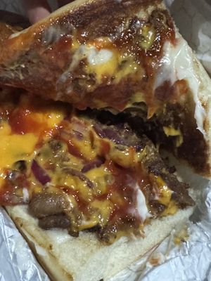 Inside shot of the pulled oats cheesesteak  at Brick City Vegan in Newark