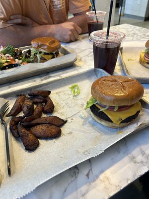 Black-eyed pea burger with a side of plaintains at Brick City Vegan in Newark