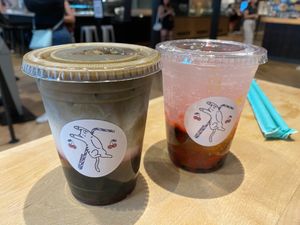 Strawberry Hojicha Latte with Oat Milk and Boba/Raspberry Yuja Spritz with Boba at Lazy Sundaes in New York City