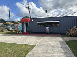 At the end of the first row of containers   at It's Alive Bakery & Fermentory in Rodney Bay