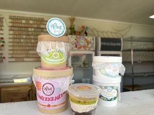 All vegan! Cheesecake! Sauerkraut! Vegan cheeses! Bread! And more!!   at It's Alive Bakery & Fermentory in Rodney Bay