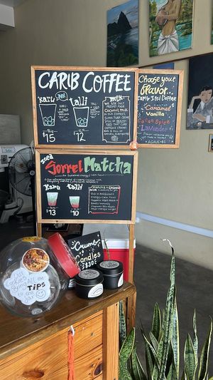 The drinks menu, including Carib Coffee with various flavours and their sorrel matcha. at It's Alive Bakery & Fermentory in Rodney Bay