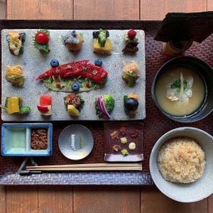 The main platter of August  at AWOMB Nishikiyamachi in Kyoto