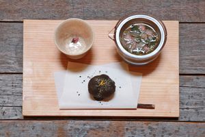 Deep-fried sesame tofu and seasonal tea set at AWOMB Nishikiyamachi in Kyoto