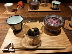 Black sesame dessert with some kind of extremely lovely and refreshing tea at AWOMB Nishikiyamachi in Kyoto