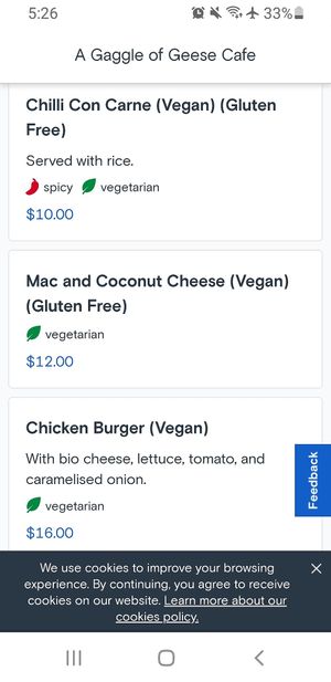 Vegan lunch options at Lost Watering Hole in Heathcote