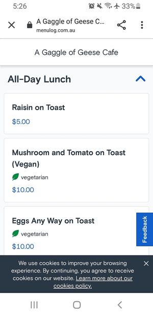 Vegan breakfast option at Lost Watering Hole in Heathcote