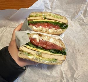 BBQ tofu, vegan cheese, lettuce, tomato, avocado and vegenaise sandwich!!  at Mariposa Market in Willits