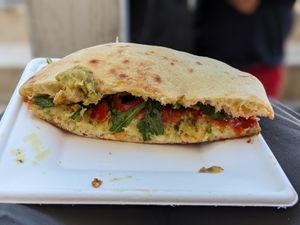Puccia with Fava bean spread and vegetables at La Lira Focacceria in Alberobello
