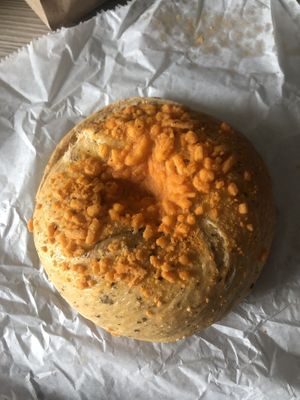 Vegan cheddar bagel  at Mud Pie Vegan Bakery and Coffee in Kansas City