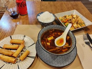 Sweet and sour soup - veganized, mapo tofu, veggy spring rolls at Mr Wang in Santander