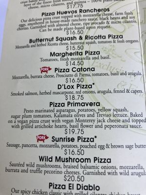 Pizza primavera appears to be plant-based   at Urth Caffé in Pasadena