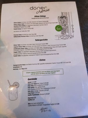 The menu at Adieu Paris - Döner Chérie in Cologne