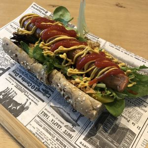 Vegan hotdog  at Aubergini in Amsterdam