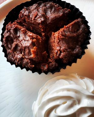 Vegan Homemade Brownie with vegan creme at Aubergini in Amsterdam