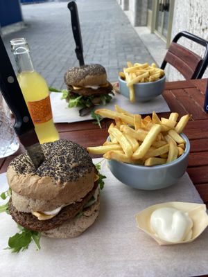 Vegan burger and fries   at Aubergini in Amsterdam