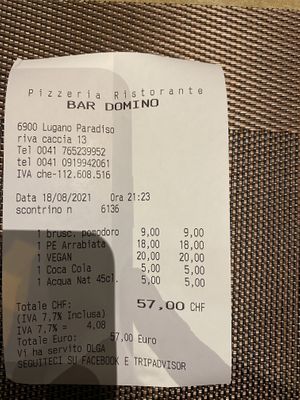 Receipt  at Domino in Lugano