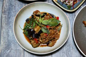 Stir Fried Aubergine with Mince Soy  - PAD MA KHIA MUANG at Mali Vegan Thai in South West London
