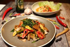 Drunken Noodle with Vegan 'Duck' - PAD KEE MAO at Mali Vegan Thai in South West London