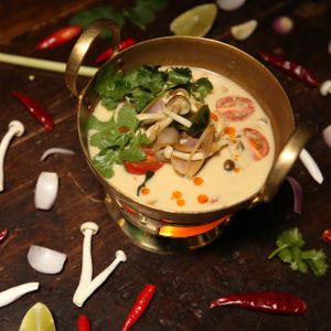Tom yum noodle with vegan “minced pork” & crispy bean curd - TOM KHA HED at Mali Vegan Thai in South West London