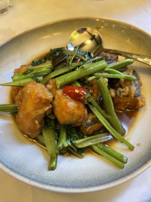 Morning glory + cod at Mali Vegan Thai in South West London