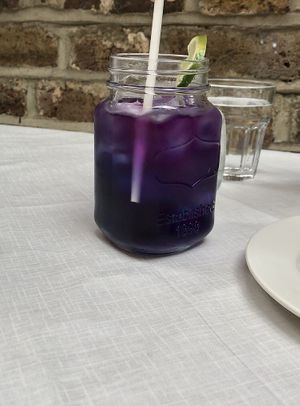 Butterfly pea flower tea at Mali Vegan Thai in South West London