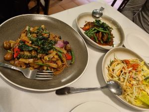 Pad Kee Mao, Som Tam, Ka Prow Moo Grob Tip Mekhong at Mali Vegan Thai in South West London
