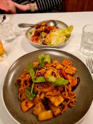 Dinner - Green papaya salad and stir fry noodle with cashews (Nov specials) at Mali Vegan Thai in South West London