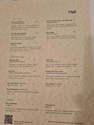 Menu at Mali Vegan Thai in South West London