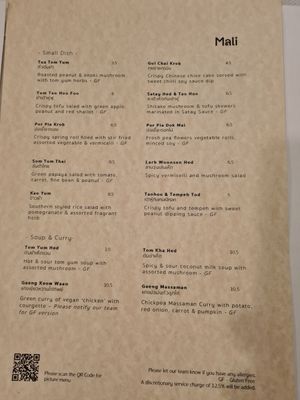 Menu at Mali Vegan Thai in South West London