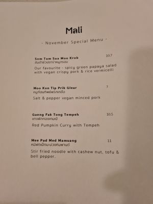 Menu at Mali Vegan Thai in South West London
