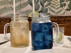 Lemongrass & Pandan Water / Butterfly Pea Flower & Lime Water at Mali Vegan Thai in South West London