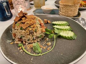 Kao Pad: Fried rice with vegan smoky “pork” & crispy garlic chips at Mali Vegan Thai in South West London