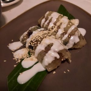 Sticky rice with baked banana at Mali Vegan Thai in South West London