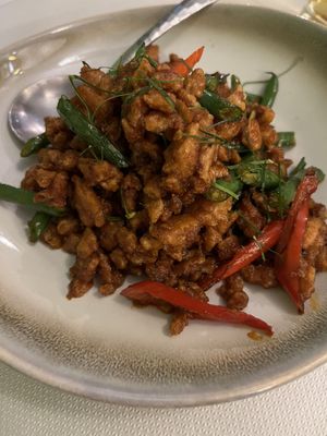 Pork Crackling Stir-fried in Red Curry at Mali Vegan Thai in South West London