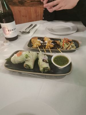 Tofu and Mushroom satay skewers, Por Pia Dok Mai (pea flower vegetable rolls)  #Veganuary at Mali Vegan Thai in South West London