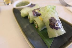 Fresh pea flowers & vegetable rolls with refreshing citrus dipping sauce  at Mali Vegan Thai in South West London