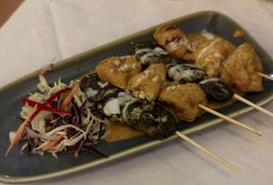 Tofu and mushroom skewers. at Mali Vegan Thai in South West London