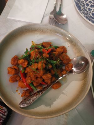Pork crackling stir fry at Mali Vegan Thai in South West London