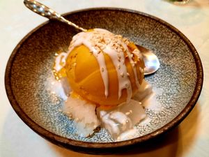 Mango ice cream with sticky rice and coconut jelly at Mali Vegan Thai in South West London